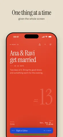 The next event fills the screen: Ana and Ravi get married, in 13 days, in Coorg.